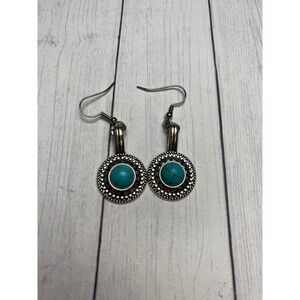 Turquoise Drop Earrings 1 in Silver Tone Beaded Circle Design